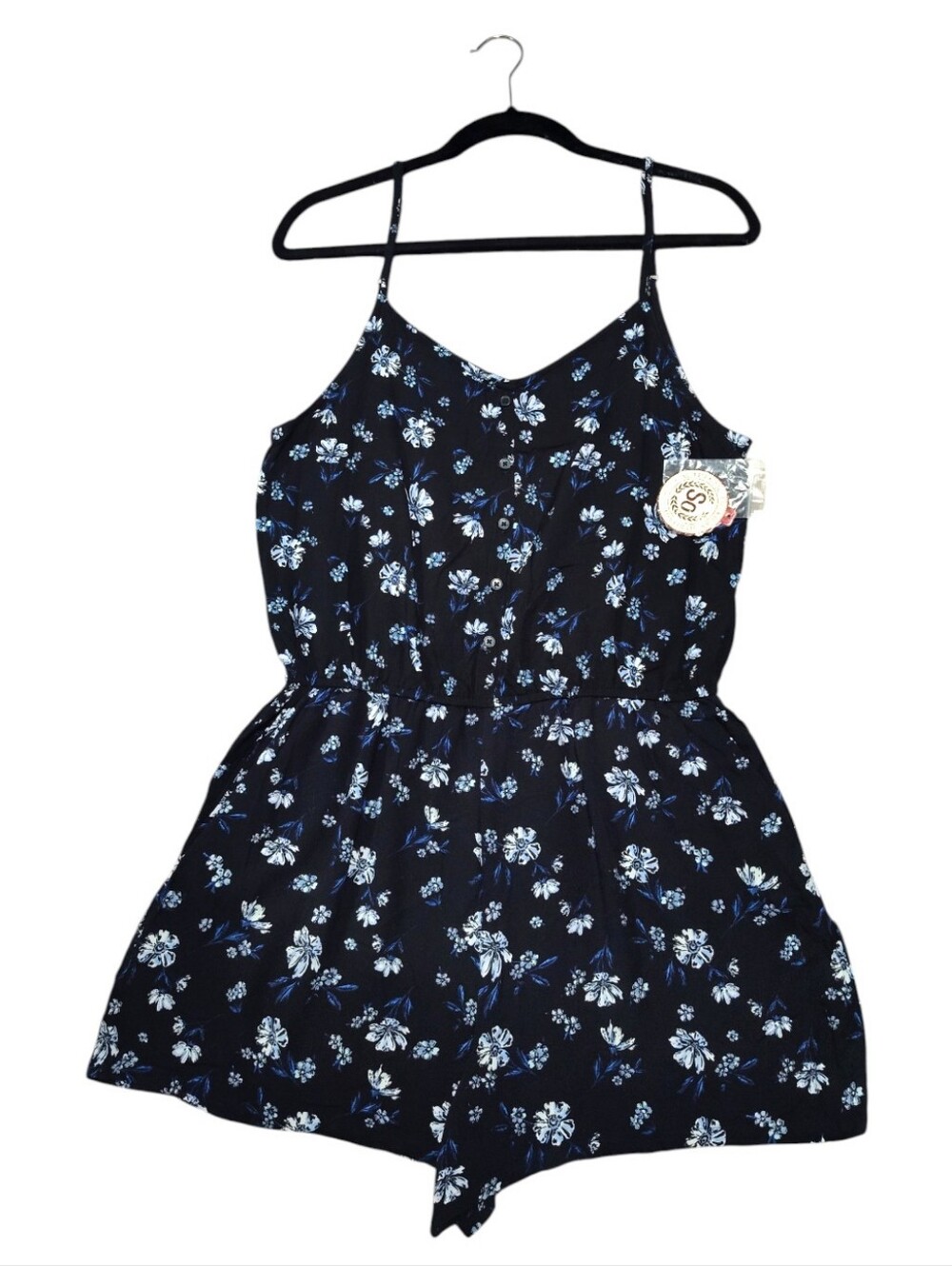 🆕️ SO Spaghetti Strap Romper Black- Blue & White Floral Size Medium - Picture 3 of 8